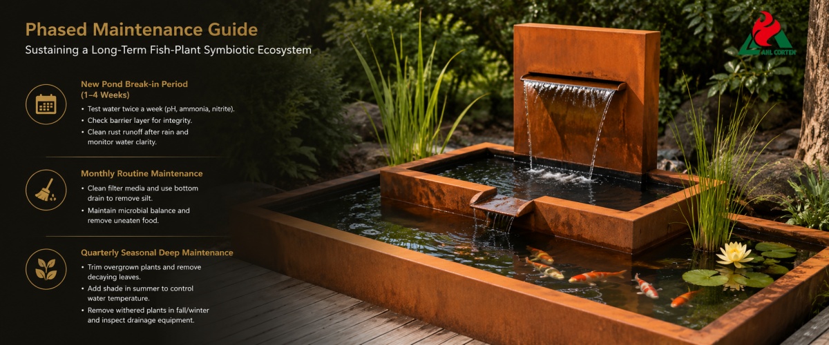 Corten Water Feature Sustaining a Long-Term Fish-Plant Symbiotic Ecosystem